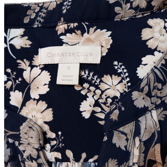 CHARTER CLUB Boho‎ Blouse Peasant Top S Flowy Pin Tucks Floral Cottagecore Blue - Picture 8 of 9